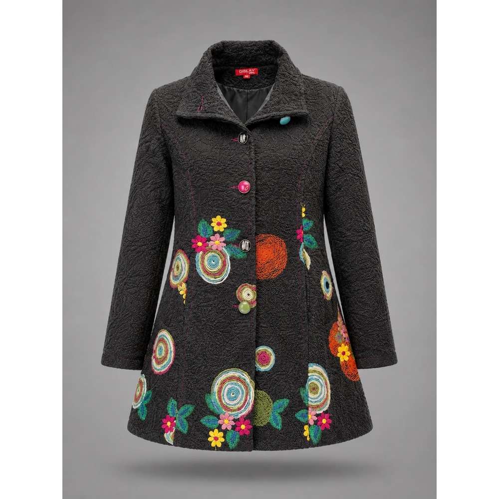 Dislay Paris Womens Black Textured Embroidered Floral A-Line Coat Jacket Medium
